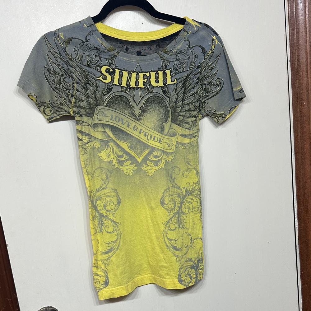 Sinful Yellow and Gray Winged Heart Tee